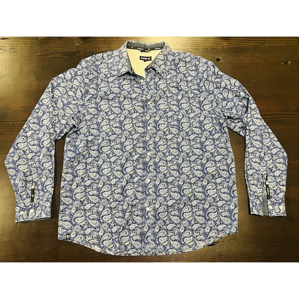 Rank 45 Button Down Men's L Long Sleeve Blue Paisley Western Shirt Rodeo Cowboy